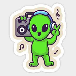 Cute Alien Listening Music With Boombox And Headphone Cartoon Sticker